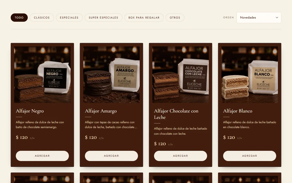Portada de la tienda de Eliceche, con sus alfajores y el acceso al catálogo