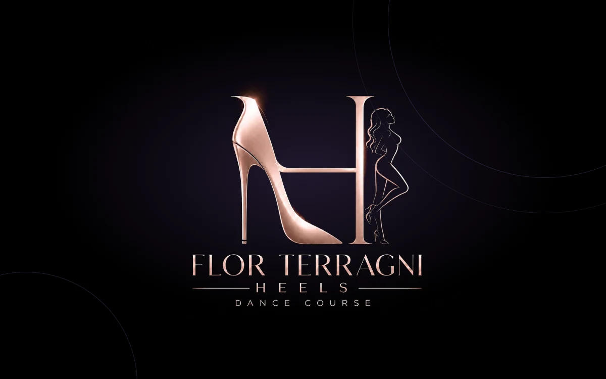 Marca de Flor Terragni Heels Dance Course: el taco que forma la H y la silueta, en rosa dorado sobre negro